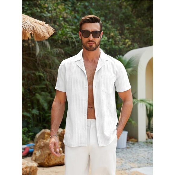 Men White Casual Cuban Lightweight Short Sleeve Button Down Shirt Textured Beach - Picture 7 of 9